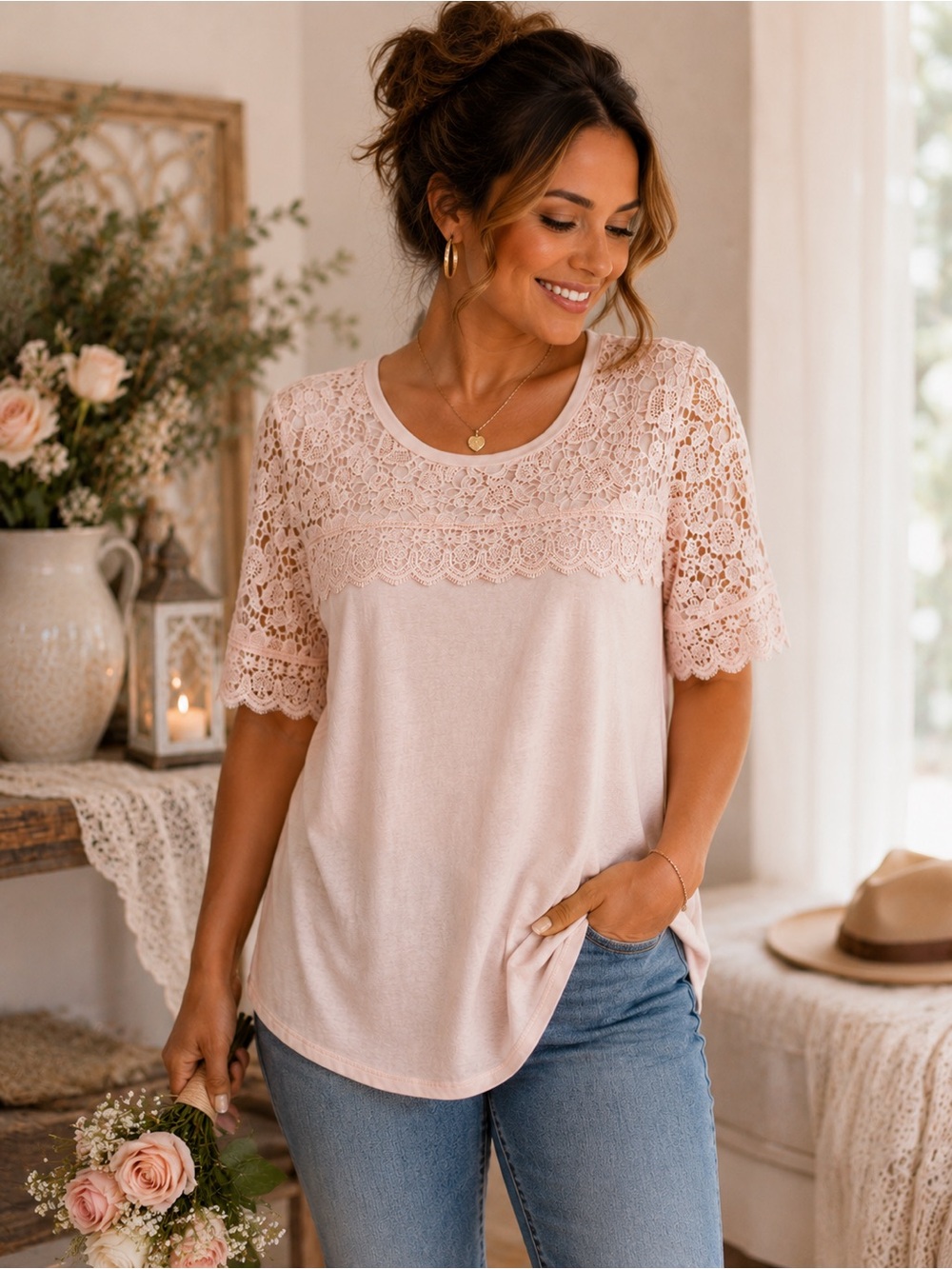 Adrianna Papell L Blush Pink Crochet Lace Boho Romantic Short Sleeve Top